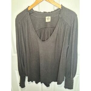 Free People We The Free Peasant Top L Gray Natural Organic Cotton Smocked Boho